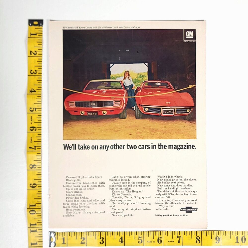 Vintage Chevrolet Camaro SS & Corvette Full Color Print Ad 1969 Hot Rod Magazine
